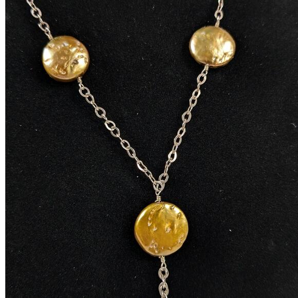 Sterling Silver 925 Y-Drop Real Freshwater Coin Pearl Golden Yellow Necklace - Picture 2 of 6